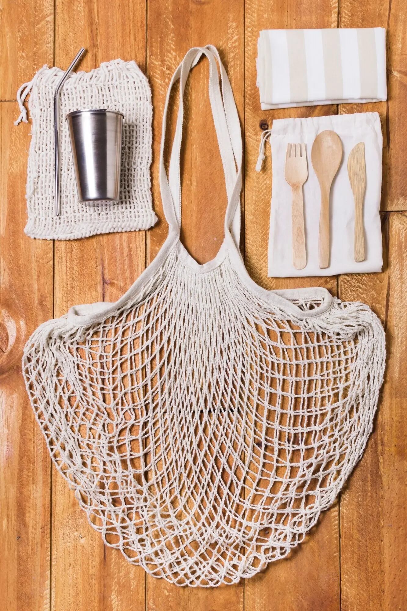 Zero-waste products on a wooden floor