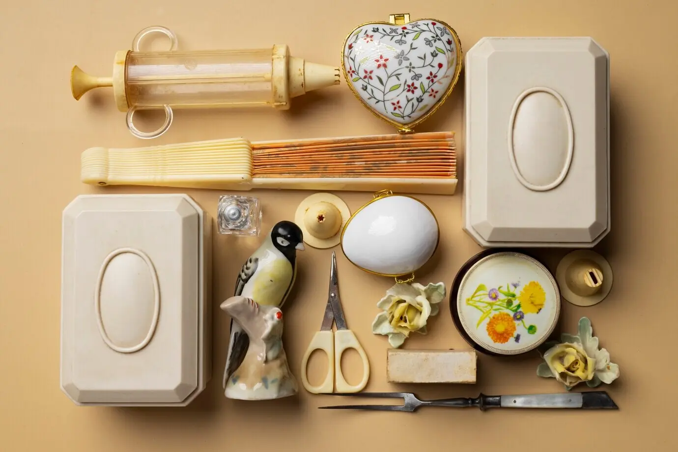 A still life of vintage objects viewed from above.