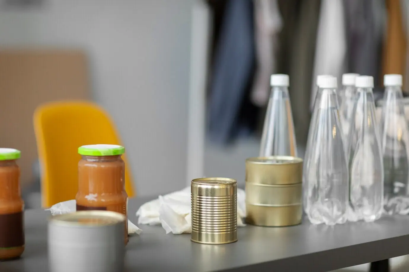 Clothing and food collected as donations for charity